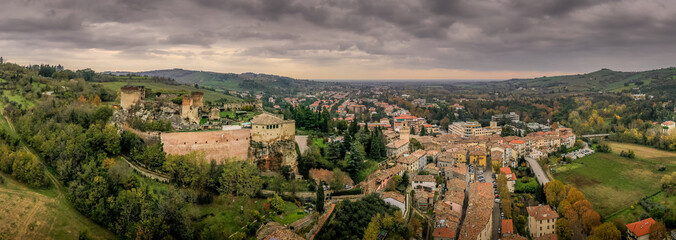 Aerial panorama view of Castrocaro di Terme, famous Italian thermal spa town in Cesena-Forli province, Emilia Romagna, near Terra del Sole, home to a Medici fortress castle in ruins a famous bridge