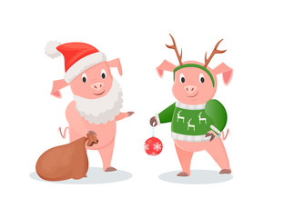 New Year Piglets in Santa and Deer Costumes Set