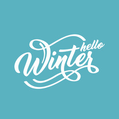 Hello Winter handlettering inscription. White on a green to blue text background. Winter logos and emblems for invitation, greeting card, prints and posters. Calligraphic design.