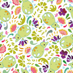 White repeat vector pattern with green fox and purple blossoms. Seamless easter pattern. Surface pattern design.