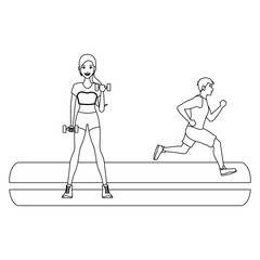fitness woman lifting dumbbells and man running in black and white