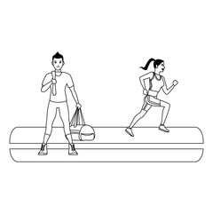 Fitness man and woman running in black and white