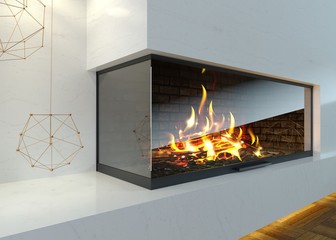 Modern glass corner fireplace in the interior