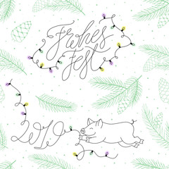 Happy Holidays Text on German Vector Pattern. Seamless winter vector background 2019 with happy pig, spruce, snowflakes and christmas lights