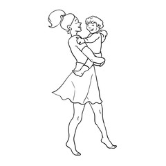 Ręcznie rysowane wektor kobieta z dzieckiem. Matka tańczy z synem. Rodzinnego czasu wektorowa ilustracja, pojęcie szczęśliwy rodzicielstwo i dzieciństwo - 238931975