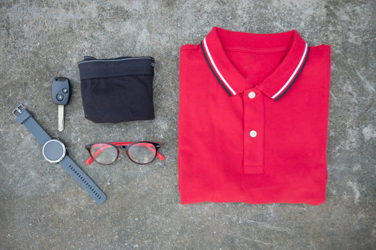 Trendy in summer (red t-shirt polo and men accessories)