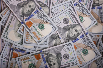 American dollars in one hundred banknotes. Lot of dollars close up