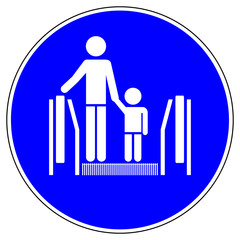 ssne3 SafetySignNewEscalator ssne shas549 SignHealthAndSafety shas - german Gebotszeichen: Rolltreppe - Kinder an die Hand nehmen - english - escalator - children are to be supervised by adults g6858