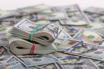 American dollars in one hundred banknotes. Lot of dollars close up
