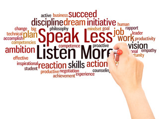Speak Less Listen More word cloud hand writing concept