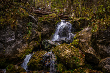 Cascade falls over mossy rocks at Myrafalle with wooden bridge in the background, near Muggendorf in Lower Austria