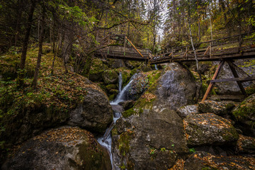 Fototapeta na wymiar Cascade falls over mossy rocks with wooden bridge over the waterfall in the colorful autumn forest at Myrafalle, near Muggendorf in Lower Austria
