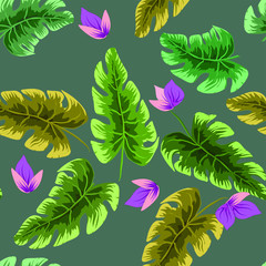 Fototapeta na wymiar Tropical plants leaves and flowers. Seamless beach pattern on black background wallpaper.
