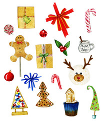 watercolor set of New Years winter illustrations