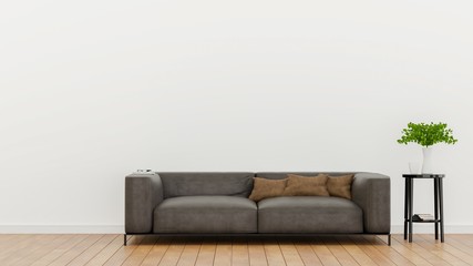 Empty living room with white wall and Light gray leather sofa, Minimal Rustic,3D Rendering