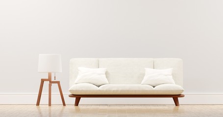The interior has a White sofa on empty white wall background, Minimal Rustic, 3D rendering