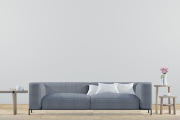 Empty living room with white wall and Light gray sofa, Minimal Rustic,3D Rendering