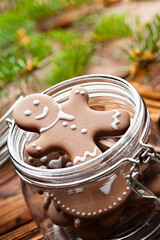 Gingerbread Christmas cookies in a jar and branch of spruce tree on wooden table