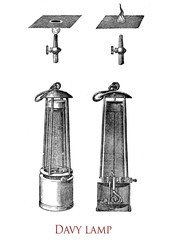  Davy lamp, safety lamp for use in flammable atmospheres like coal mines, invented in 1815 by Sir Humphry Davy. It consists of a wick lamp with the flame enclosed inside a mesh screen
