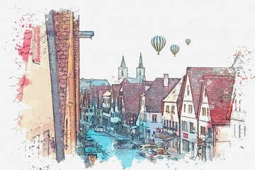 A watercolor sketch or illustration of a beautiful street in Rothenburg ob der Tauber in Germany with beautiful houses in German style. Hot air balloons are flying in the sky.