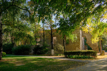 Fototapeta na wymiar Scenic view of ruins of old monastery building among trees in Margaret island in capital of Hungary Budapest