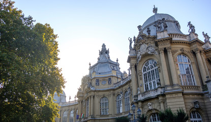 Obraz premium Scenic view of Vajdahunyad Castle in Varosliget park in the historic center of capital of Hungary Budapest