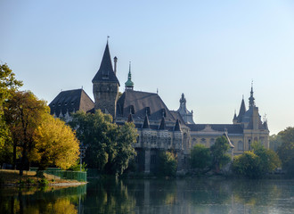 Scenic view of Vajdahunyad Castle in Varosliget park in the historic center of capital of Hungary Budapest