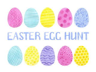 Easter Egg Hunt -  watercolor hand drawn title for Easter Egg Hunt with bunny. Isolated on white background