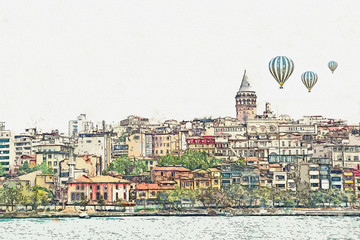 Obraz premium A watercolor sketch or illustration of a beautiful view of the traditional architecture in Istanbul, Turkey.