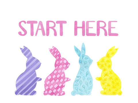 Start here -  watercolor hand drawn title for Easter Egg Hunt with bunny. Isolated on white background