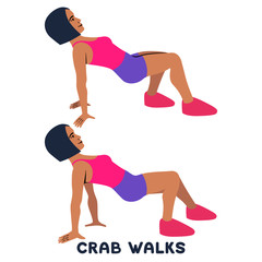 Crab walks. Squat. Sport exersice. Silhouettes of woman doing exercise. Workout, training.