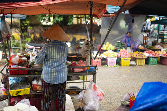 Unidentified woman with a typical Vietnamese conical hat sells roast beef on a street market in Hoi An, Vietnam.
