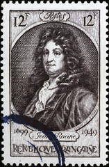 Ancient portrait of Jean Racine on postage stamp