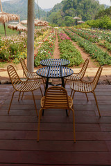 Outdoor table & chairs in bistro caf&eacute; in daytime near garden for relaxation, travel, season, time, holiday, agritourism, agrotourism concept