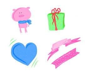 Pink pig, blue heart and gift with lines backgrounds isolated on white - digital painting for Happy new year 2019
