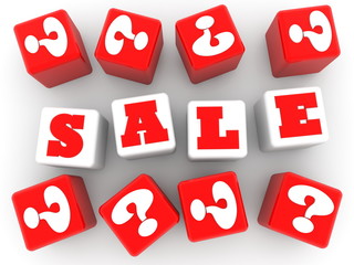 Sale concept on white cubes between question marks