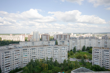 Fototapeta na wymiar Yekaterinburg, a view from a height, from the air, on typical multi-storey houses, MKD, Blue stones microdistrict Panel house building, yards
