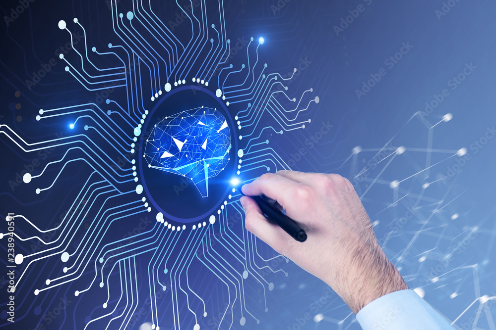 Poster man hand with marker using brain interface