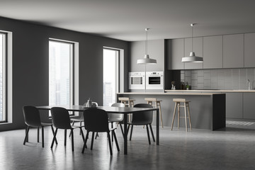 Gray kitchen corner, bar and table