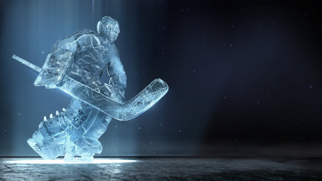 translucent ise sculpture of ice hockey goalie in dinamic pose with dramatic light and dust particles in the air. hockey legend, competition, winner concept background 3d render.