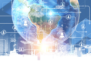 Naklejka premium White people network icons in city, Earth