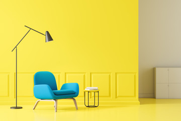 Blue armchair in yellow living room