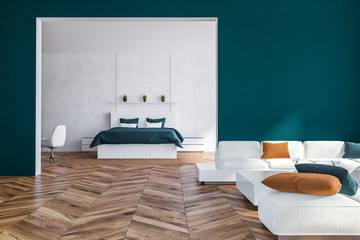 Blue living room and bedroom close up