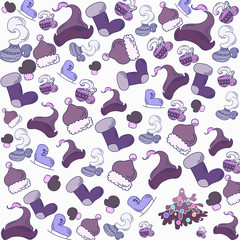 Winter holidays mood pattern, skates, boots, coffee, hats and other winter stuff for skating, illustration for cold time open air activity