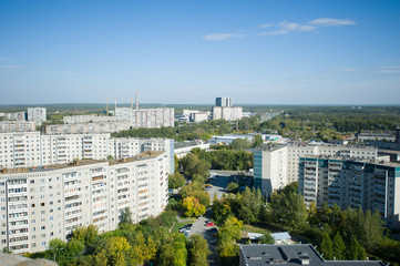 Obraz premium Yekaterinburg, a view from a height, from the air, on typical multi-storey houses, MKD, Blue stones microdistrict Panel house building, yards