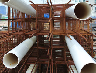 Hot rolled deformed steel bars or steel reinforcement bar at construction site. It use to...