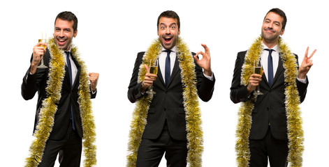 set of Man with champagne celebrating new year 2019 showing ok sign  on white background