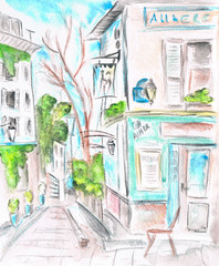 Paris street. The facade of the cafe. illustration. Watercolor