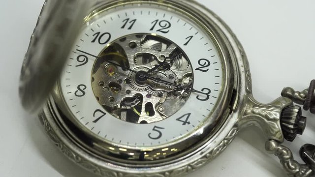 old pocket watch mechanism working, front view