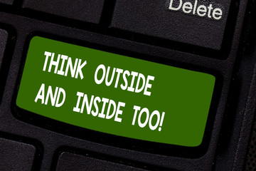 Text sign showing Think Outside And Inside Too. Conceptual photo See the problem from different perspectives Keyboard key Intention to create computer message pressing keypad idea
